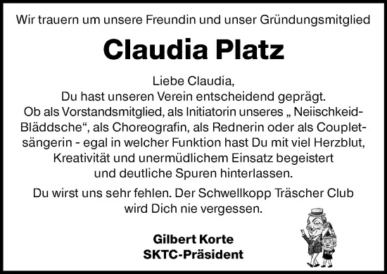 Traueranzeige Claudia Platz SKTC
